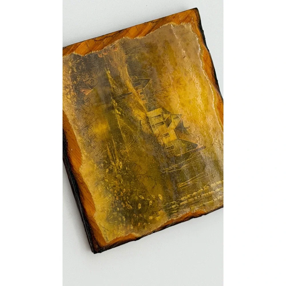 Vintage Rustic Wood Landscape Coaster Set of 4 Country‎ House Cabin Art Decor